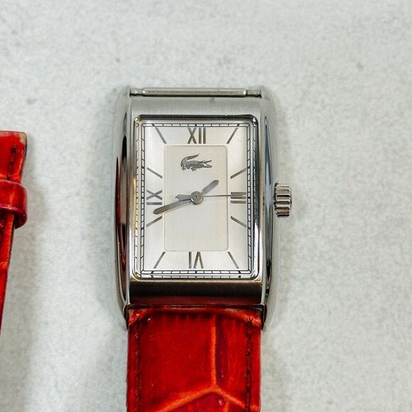 Lacoste Watch Womens 24mm Silver Tone Red Leather Strap New Battery FLAWED READ - Picture 2 of 11